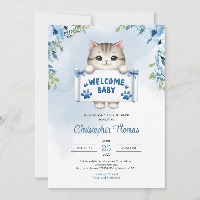 Watercolor baby kitty with sign says Welcome baby Invitation (Front)