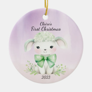 Watercolor Baby Lamb First Christmas Personalized Ceramic Ornament