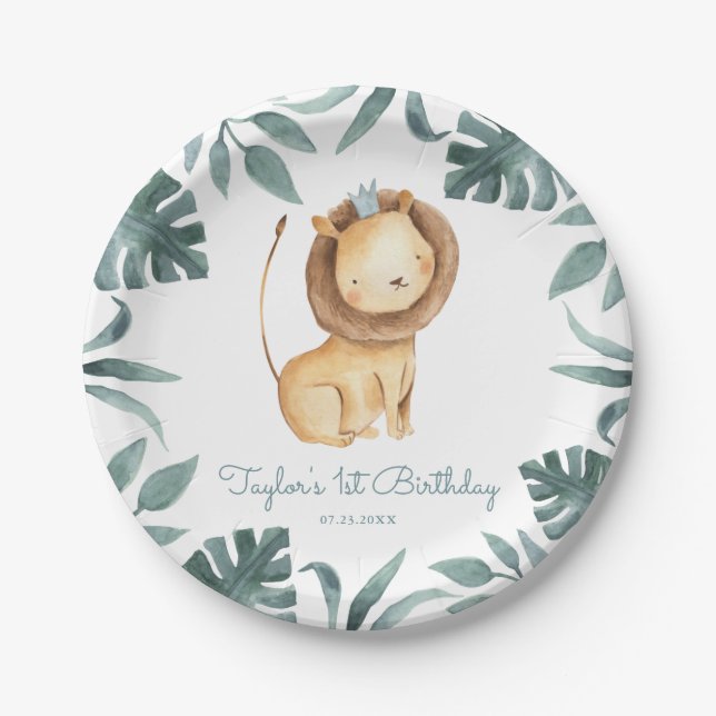 Watercolor Baby Lion Prince Tropical Birthday Paper Plate (Front)