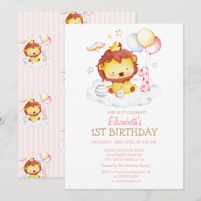 Watercolor  Baby Lion Striped Birthday Invitation (Front/Back)