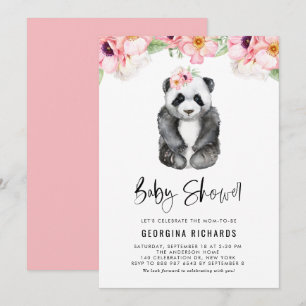 Watercolor Baby Panda Pink Anemones Baby Shower Invitation