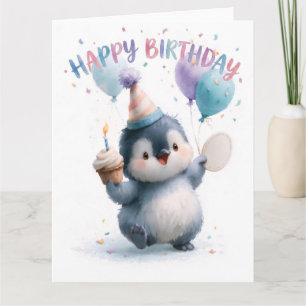 Watercolor Baby Penguin Happy Birthday Greeting Card
