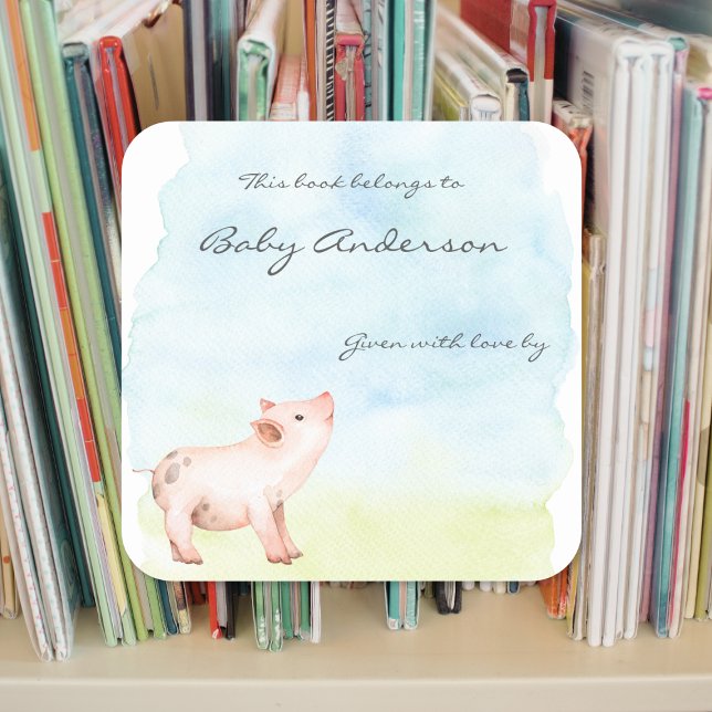 Watercolor Baby pig baby shower bookplate Square Sticker (Creator Uploaded)