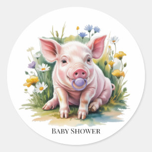 Watercolor Baby Pig Wildflowers Baby Shower Classic Round Sticker