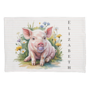 Watercolor Baby Pig Wildflowers Baby Shower Gift Pillowcase