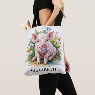 Watercolor Baby Pig Wildflowers Baby Shower Gift Tote Bag