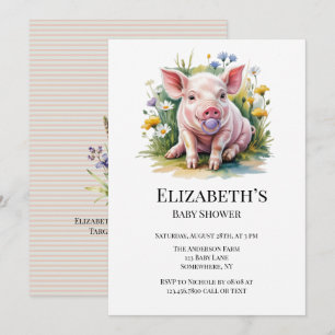 Watercolor Baby Pig Wildflowers Baby Shower Invitation