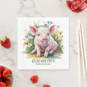 Watercolor Baby Pig Wildflowers Baby Shower Napkin