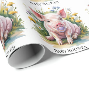Watercolor Baby Pig Wildflowers Baby Shower Wrapping Paper