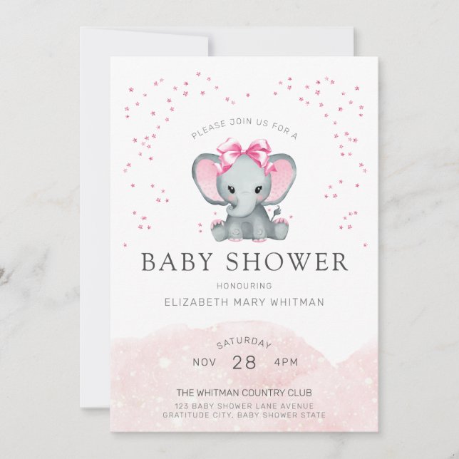 Watercolor Baby Pink Elephant Baby Shower Invitation (Front)
