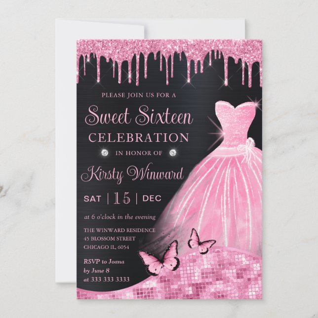 Watercolor Baby Pink Glitter Dress Sweet Sixteen Invitation (Front)