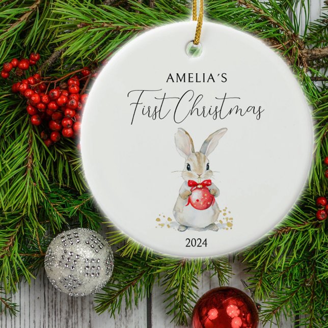 Watercolor Baby Rabbit Custom First Christmas  Ceramic Ornament (Creator Uploaded)