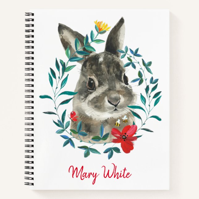 Watercolor Baby Rabbit Floral Wreath Personalized Notebook (Front)