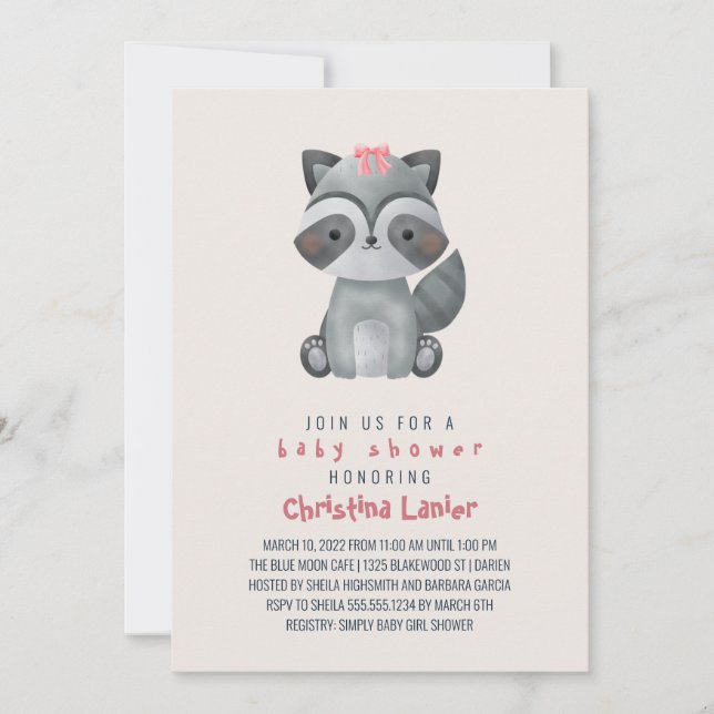 Watercolor Baby Raccoon Cute Whimsical Baby Girl Invitation (Front)