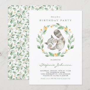 Watercolor Baby Raccoon Wreath Kids Birthday Invitation