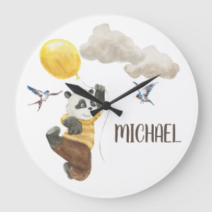 Watercolor Baby Room Nursery Cute Panda Balloon  Large Clock