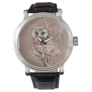 Watercolor Baby Saw Whet Owl in Tree Bird Art Watch
