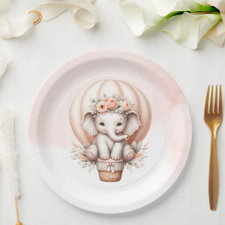 Watercolor Baby Shower Peach Elephant Paper Plate