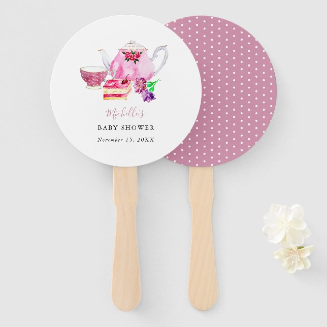 Watercolor Baby Shower Tea Party Pink Teapot  Hand Fan (Front and Back)