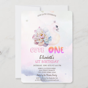 Watercolor Baby Swan Flower 1st Invitation