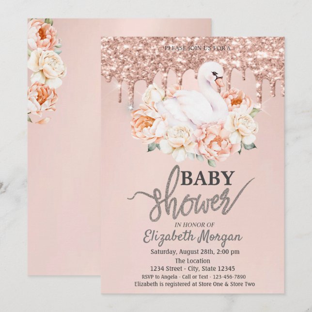 Watercolor Baby Swan Rose Gold Glitter Drips Invitation (Front/Back)