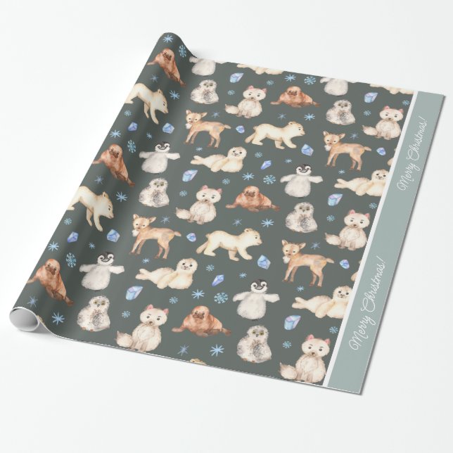 Watercolor Baby Winter Animals on Green Christmas Wrapping Paper (Unrolled)