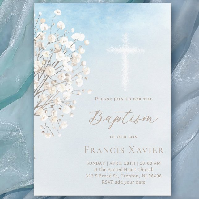 watercolor baby's breath | Baptism baby boy Invitation (Creator Uploaded)