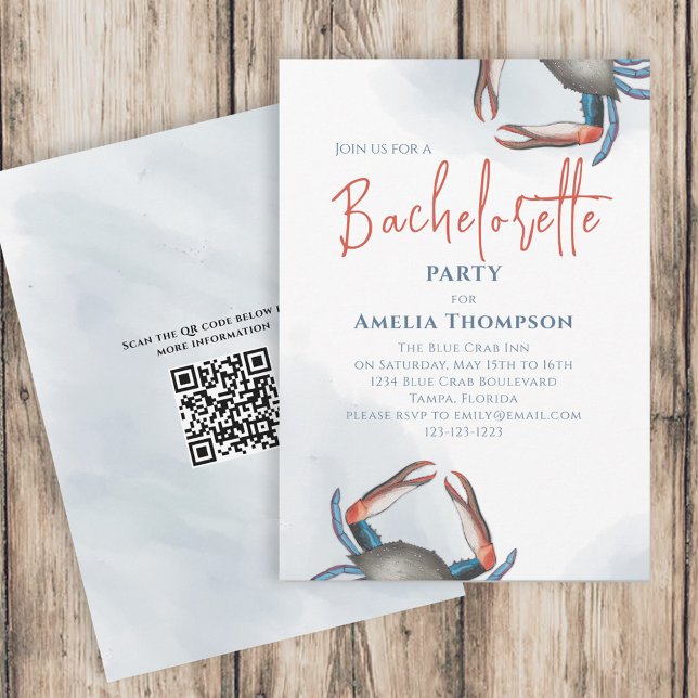 Watercolor Bachelorette Party Blue Crab QR Code Invitation (Creator Uploaded)
