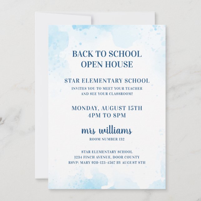 Watercolor Back to School Open House Invitation (Front)