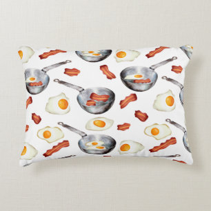 Watercolor Bacon & Eggs Breakfast Food Pattern Accent Pillow