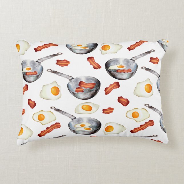 Watercolor Bacon & Eggs Breakfast Food Pattern Accent Pillow (Front)