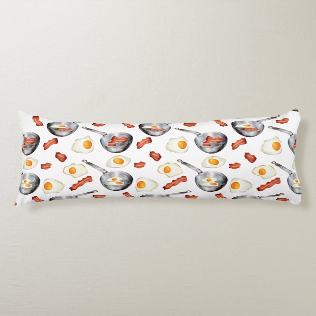 Watercolor Bacon & Eggs Breakfast Food Pattern Body Pillow (Front)