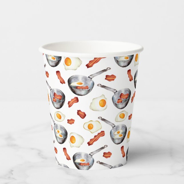 Watercolor Bacon & Eggs Breakfast Food Pattern Paper Cups (Front)