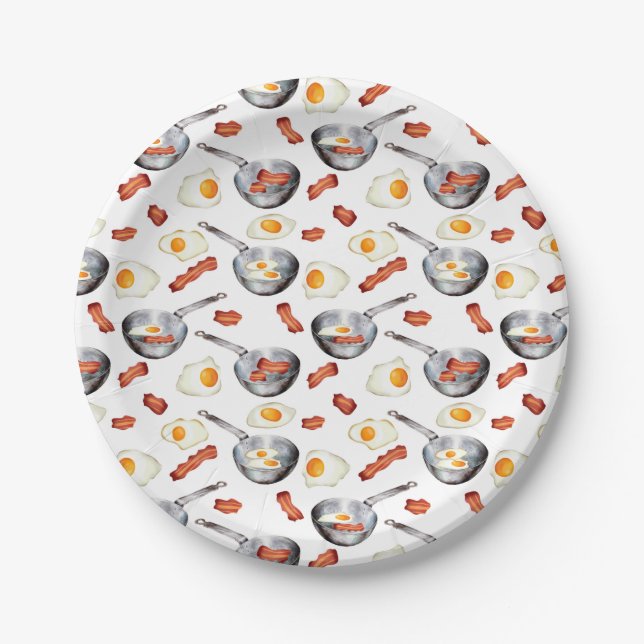 Watercolor Bacon & Eggs Breakfast Food Pattern Paper Plate (Front)