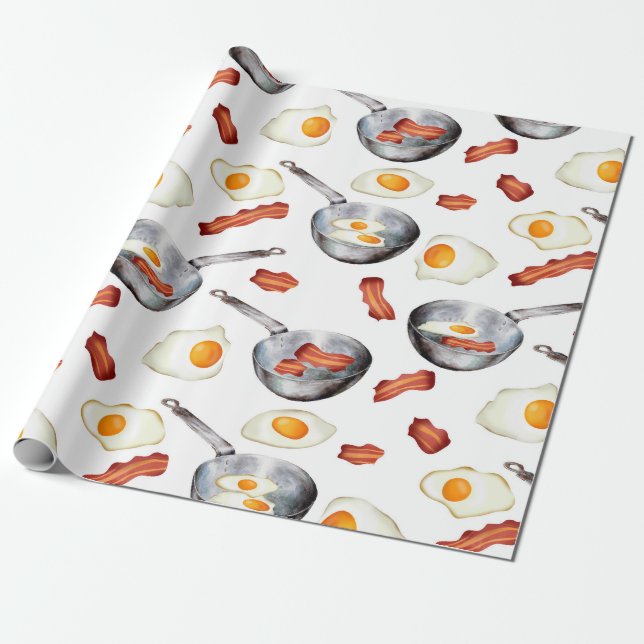 Watercolor Bacon & Eggs Breakfast Food Pattern Wrapping Paper (Unrolled)