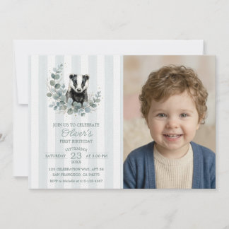Watercolor Badger 1st Birthday Boy Invitation