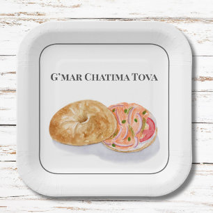 Watercolor Bagels Smoke Salmon G’mar Chatima Tova Paper Plate