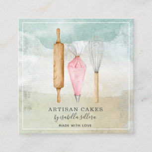 Watercolor Baker Bakery Pastry Chef Utensils Square Business Card