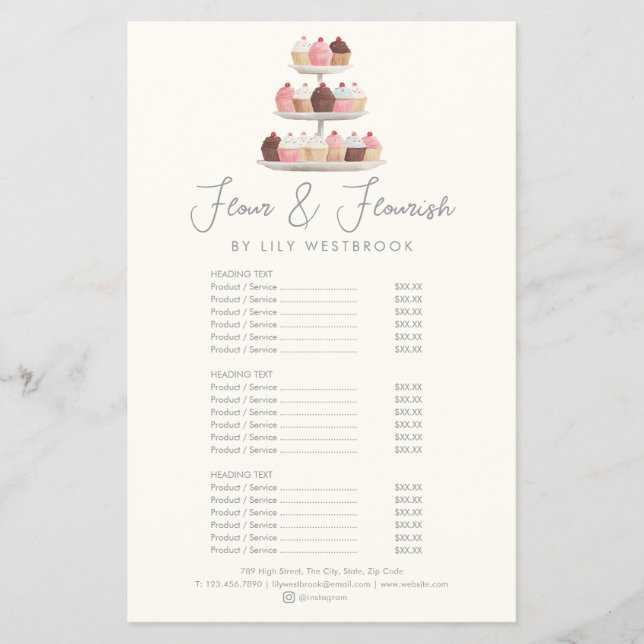 Watercolor Bakery Cupcake Elegant Service Menu (Front)