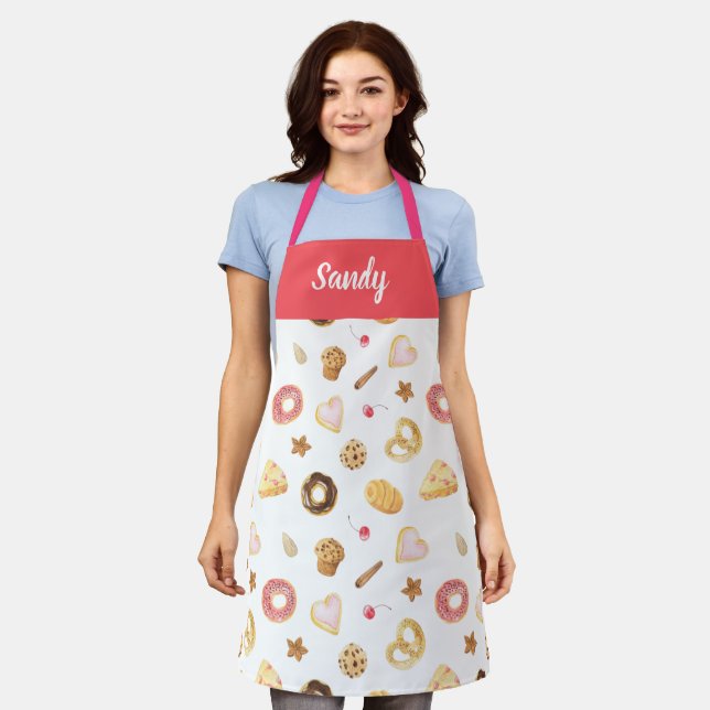 Watercolor Bakery Goods All-Over Print Apron (Worn)