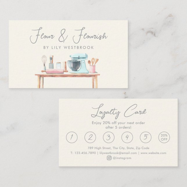 Watercolor Bakery Pastry Chef Elegant Script  Loyalty Card (Front/Back)