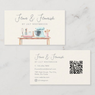 Watercolor Bakery Pastry Chef Script QR Code Business Card