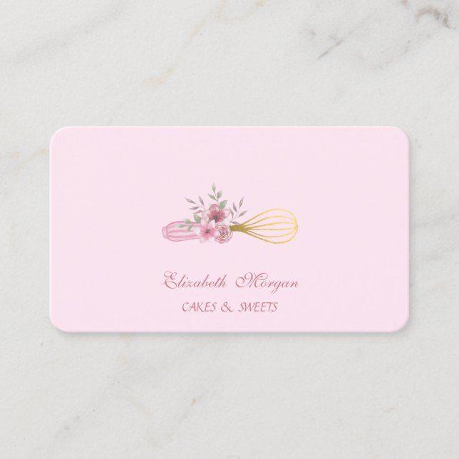 Watercolor Bakery Pastry Hand Tools Whisk Flowers Business Card (Front)