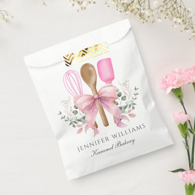 Watercolor Bakery Utensils Pink Bow Personalized Favour Bag (Sealed)