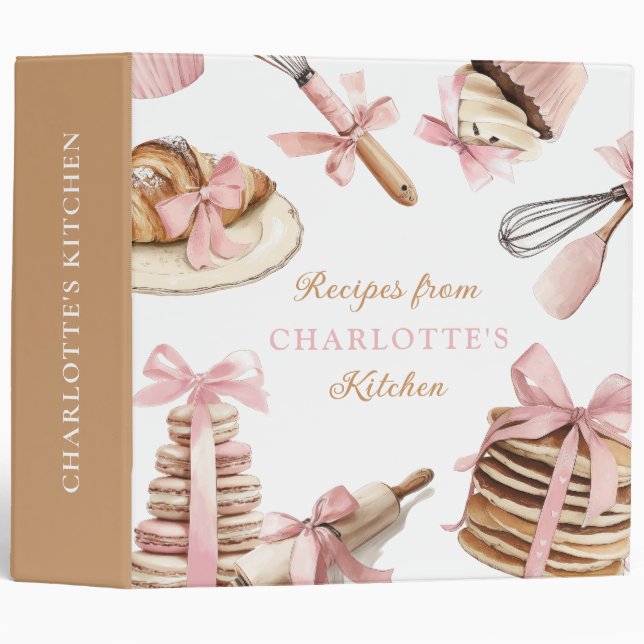 Watercolor Baking Pink Bow Recipe Binder (Front/Spine)