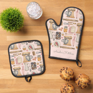 Watercolor Baking Tools Pattern Pink Oven Mitt & Pot Holder Set