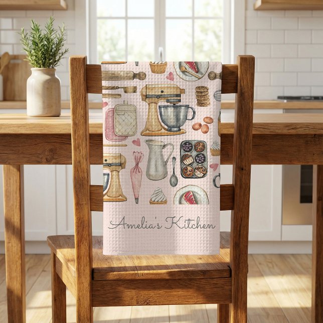 Watercolor Baking Tools Pattern Pink Personalized Kitchen Towel (Creator Uploaded)