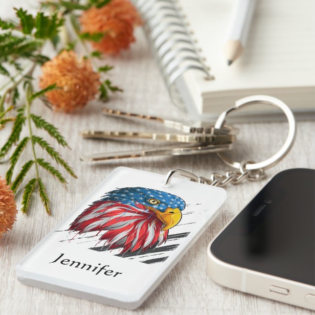 Watercolor Bald Eagle USA American Military Keychain (Front Right)