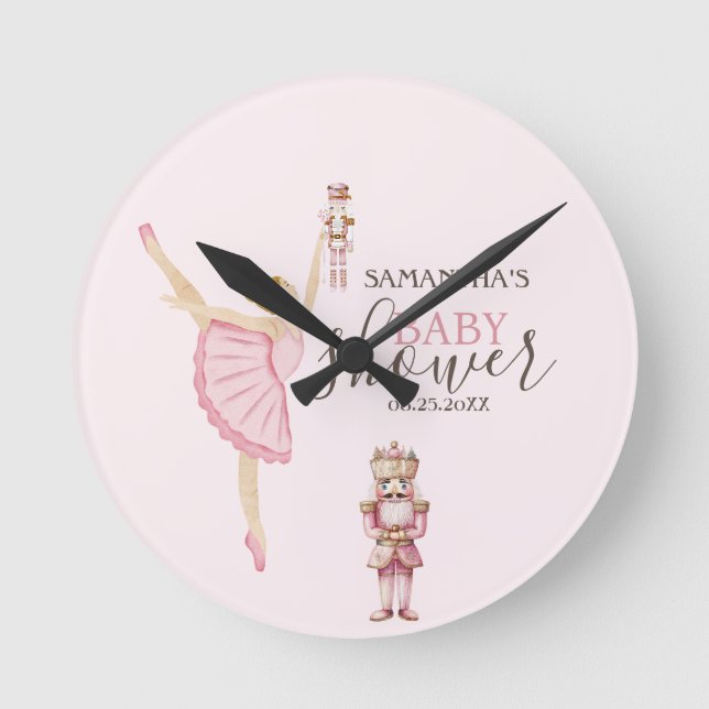 Watercolor Ballerina Nutcrackers Pink Baby Shower Round Clock (Front)