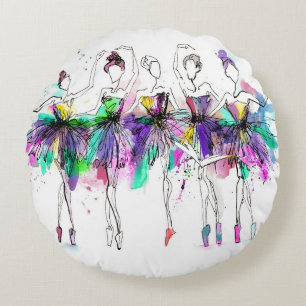 Watercolor Ballerinas: Bright Dance Illustration Round Pillow